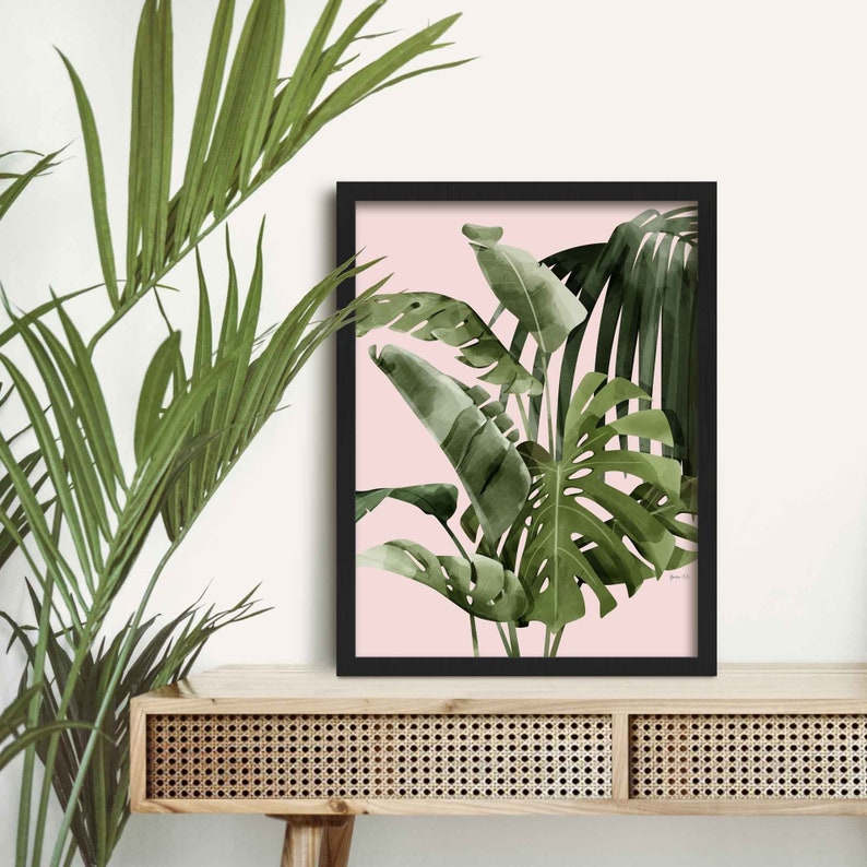 Bright Mixed Palm Leaf Print, Pink Tropical Wall Art Prints, Framed Plant Poster, Botanical Plant Print image 1