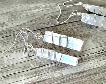 Raw Selenite Crystal Dangle Earrings, Gold Silver or Copper Wire Wrapped,  1 Pair