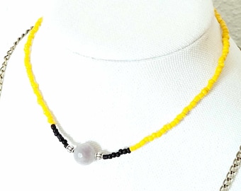 Adjustable Choker Necklace, Seed Bead Choker, Beaded Choker, Opaque Quartz Beaded Choker, Yellow & Black Choker