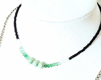 Adjustable Choker Necklace, Seed Bead Choker, Beaded Choker, Black & Green, Faceted Glass and Clay Necklace