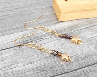 Mauve Seed Bead & Gold Star Beaded Dangle Earrings, Gold Hypoallergenic