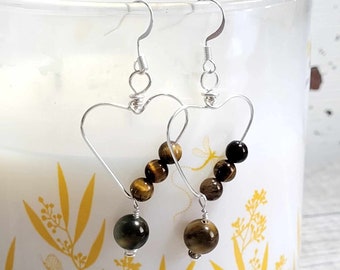 Tigers Eye Crystal Beaded Silver Heart Dangle Earrings, Gemstone Earrings