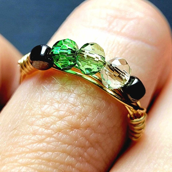 Green Ombre Beaded Wire Ring, Hematite & Glass Ring, Gold Wire Ring, Statement Ring