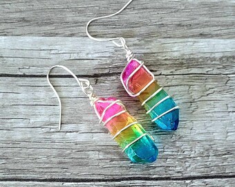 Dyed Rainbow Quartz Crystal Point Earrings, Silver Hypoallergenic, 1 Pair