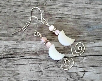 Seashell Beaded Crescent Moon Dangle Earrings, Swirl Earrings, Pink & White Shell Earrings, Silver Hypoallergenic