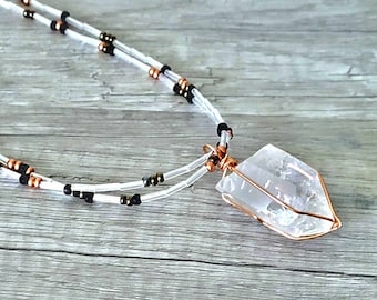 Adjustable Two Stand Iridescent Seed Bead Choker Necklace, Quartz Point Pendant, Beaded Choker Necklace