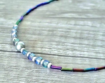 Rainbow Seed Bead Minimalist Beaded Choker Necklace, Adjustable Choker