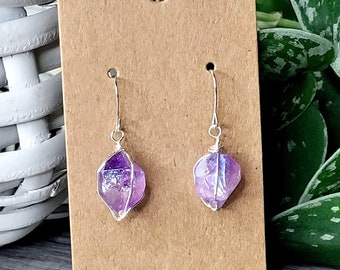 Aura Amethyst Crystal Dangle Earrings, Silver Hypoallergenic