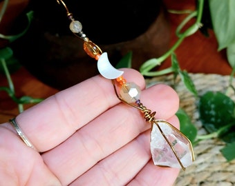 Clear Quartz Crystal Beaded Wire Wrapped Necklace, Moon Necklace, Bronze Pendant Necklace, Adjustable Necklace 16" - 18"