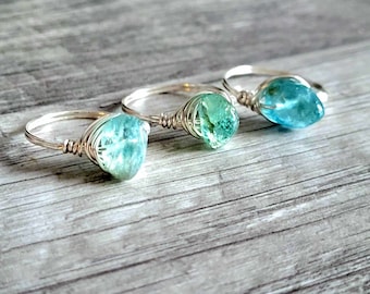 Dainty Blue Apatite Crystal Wire Ring, Silver Ring, Polished Gemstone Ring, Size 7 or 7.5