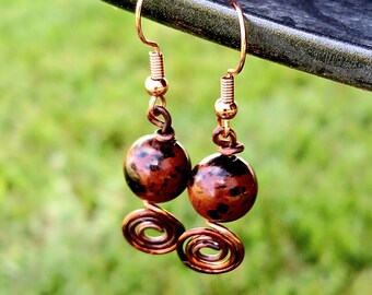 Mahogany Obsidian Crystal Beaded Dangle Earrings, Copper Swirl Earrings, Gemstone Earrings, Obsidian Jewelry, Boho Dangle Earrings, 1 Pair