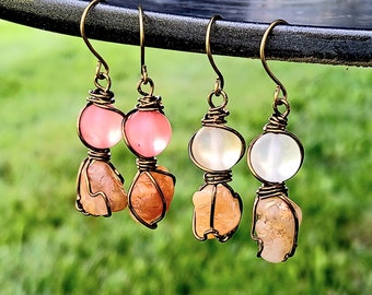 Gemstone Dangle Earrings, Bronze Earrings, Quartz Rock, Imperial Jade, Crystal Earrings, Boho Jewelry, Quartz Jewelry, 1 Pair