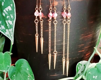 Pink & Gold Spike Dangle Earrings, Long Dangle Earrings, Hypoallergenic Earrings, Boho Earrings, 1 Pair