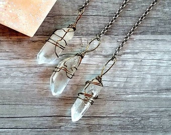 Clear Quartz Crystal Point Pendulum, Bronze Wire Wrapped