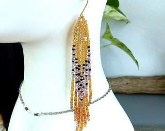 Long Beaded Fringe Earrings: Iridescent Seed Bead Tassel, Boho Chic