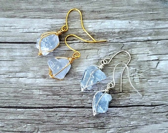 Minimalist Celestite Crystal Wire Wrapped Dangle Earrings, Hypoallergenic, Gold or Silver, 1 Pair