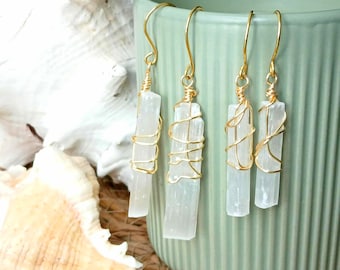 Pendientes colgantes de cristal de selenita en bruto, joyería de piedras preciosas
