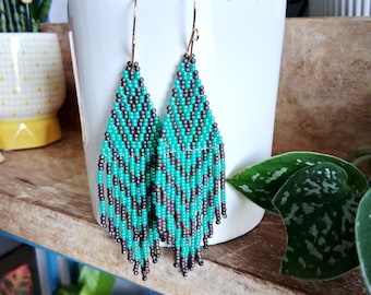 Assorted Green Chevron Beaded Fringe Dangle Earrings