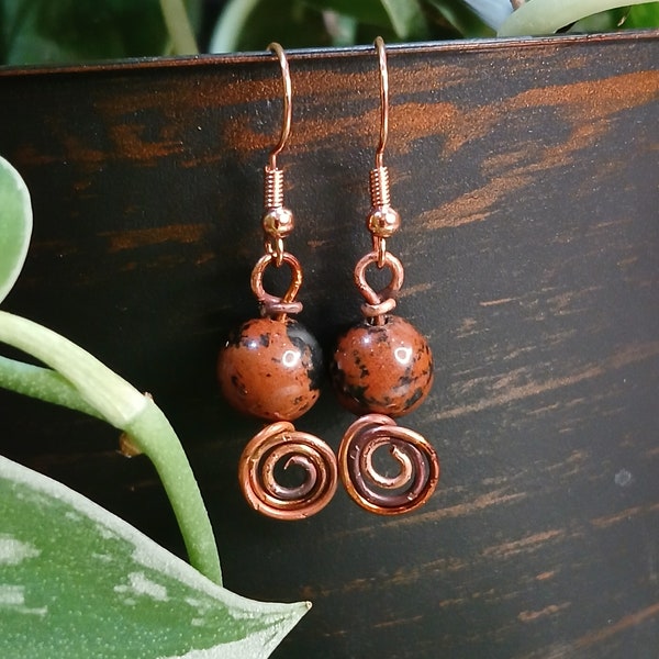 Mahogany Obsidian Crystal Beaded Dangle Earrings, Copper Swirl Earrings, Gemstone Earrings, Obsidian Jewelry, Boho Dangle Earrings, 1 Pair