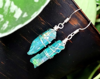 Blue Aura Quartz Crystal Dangle Earrings, Hypoallergenic, Silver Wire Wrapped Earrings, Quartz Jewelry, Quartz Earrings