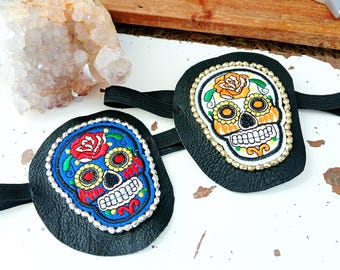 ステートメントシュガースカル刺繍ビーズアイパッチ、調節可能な視力アクセサリー、眼の補助、コスチュームアクセサリー