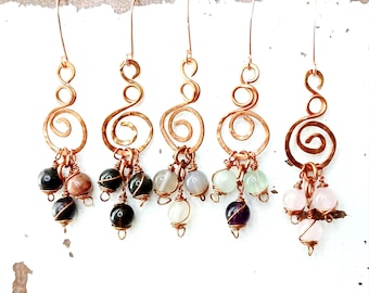 Upcycled Hammered Copper Gemstone Dangle Earrings, Assorted Stones, Crystal Jewelry