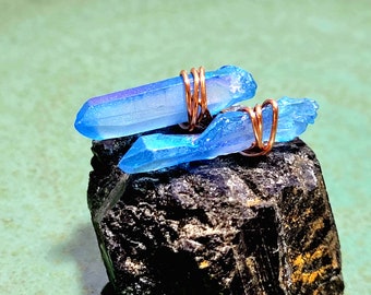 Aura Quartz Crystal Point Earrings, Post Earrings, Copper Earrings, Wire Wrapped, 1 Pair, Assorted Colors