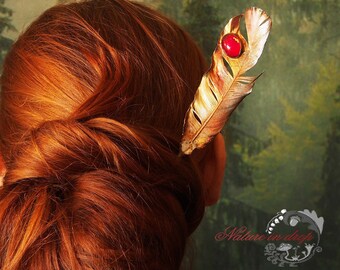 Plated feather hairpin. Hairpin with real feather. Natural jewelry. Nature Inspired. Natural accessory. Copper-plated. Electroforming.