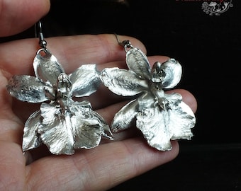 Earrings orchid flowers. Earrings with real flowers. Silver-plated. Botanical jewelry. Nature Inspired.  Electroplating.