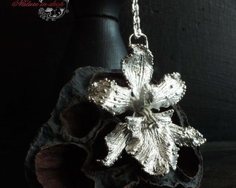 Pendant orchid flower. Pendant with real flower. Silver-plated. Botanical jewelry. Nature Inspired.  Electroplating.