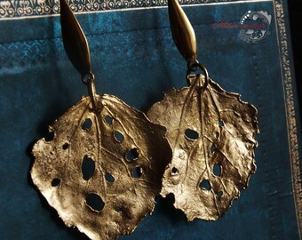 Earrings poplar leaves. Earrings with real leaves. Gilded. Botanical jewelry. Nature Inspired.  Electroplating.