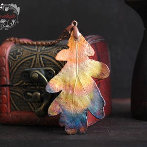 pendant Oak leaf. Pendant with real  leaf. Botanical jewelry. Nature Inspired.  Electroplating.