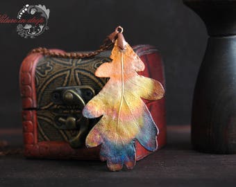 pendant Oak leaf. Pendant with real  leaf. Botanical jewelry. Nature Inspired.  Electroplating.