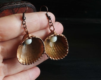 Seashell Earrings. Earrings with copper-plated seashells. With river pearls. Nature Inspired. Copper-plated. Electroforming.