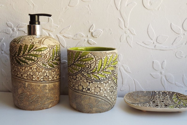 Set for bathroom green. Pottery in the interior.Ceramics And Etsy