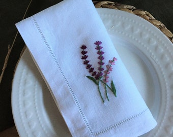 Servilletas de mesa de lino/algodón con diseño de lavanda bordadas a mano