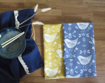 Yellow and white /Bird print 100% Cotton Tea towel/ Kitchen Towel/ Dish Towel