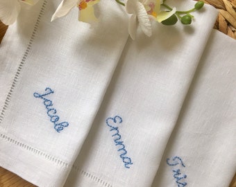 Hand Embroidery Personalised Luxury hemstitched Linen/Cotton Napkins 1-10 characters