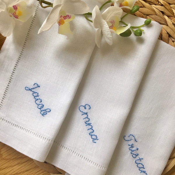 Hand Embroidery Personalised Luxury hemstitched Linen/Cotton Napkins 1-10 characters