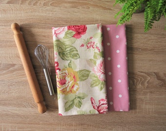 Pink Cotton Tea Towel Set of two/ Floral and Spotty