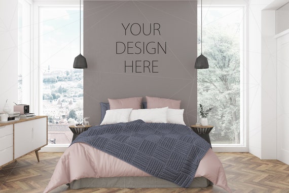 Blank Wall Mockup Art Gray Bedroom Interior Room Mockup