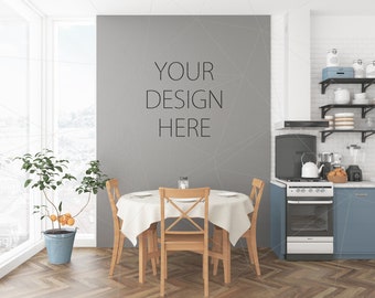 Download Free Blank Wall Mockup Art Pink Kitchen Interior Dining Room Mockup Poster Artwork Canvas Scandinavian Design Nordic Gray Wall Table Best Free Psd Mockups PSD Mockup Template
