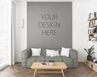 Blank Wall Mockup Art Pink Living Room Interior Room Mockup Poster Artwork Canvas Scandinavian Design Nordic Green Couch Sofa Teenage Room Free Packaging Mockups Mockups Design Free Premium Mockups