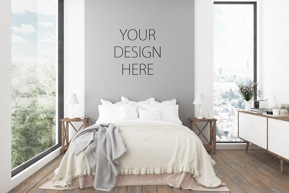 Blank Wall Mockup Art Gray Rustic Bedroom Interior Room