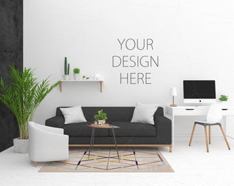Blank Wall Mockup Black Frame Art Living Room Interior Room Poster Artwork Canvas New York City Loft Horizontal Vertical Frame Bundle