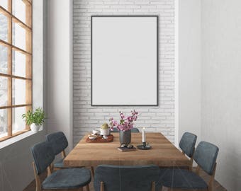 Blank Wall Mockup Black Frame Art Lounge Interior Dining Room Poster Artwork Canvas Big French Window Loft Horizontal Vertical Frame Bundle