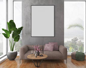 Blank Wall Mockup Black Frame Art Lounge Interior Living Room Poster Artwork Canvas Big Window Loft Horizontal Vertical Frame Bundle Jungle