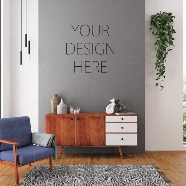 Blank Wall Mockup Art Lounge Interior Living Room Mockup Poster Artwork Canvas Loft Horizontal Vertical Frame Bundle Navy Blue Retro Vintage