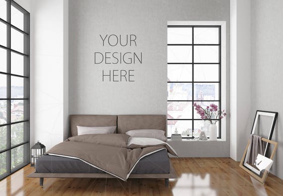 Blank Wall Mockup Black Frame Art Bedroom Interior Room ...