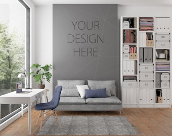 Blank Wall Mockup Art Home Office Workspace Interior Room Mockup Poster Artwork Canvas Desk Scandinavian Design Nordic